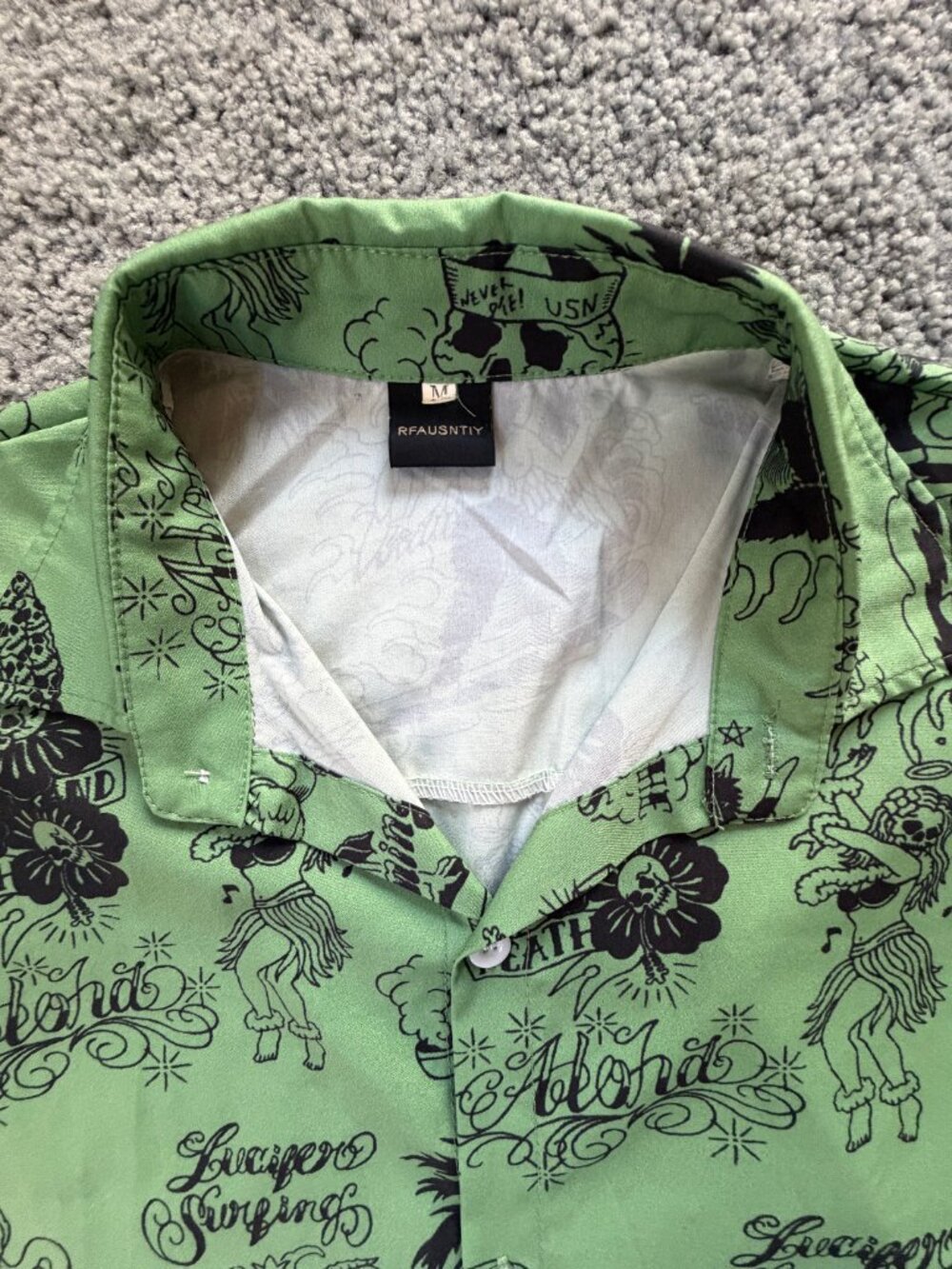 RFAUSNTIY Green Tattoo Print Lucifer Surfing Hawaiian Shirt Sz M 3/4 Sleeve -EUC - Picture 4 of 11